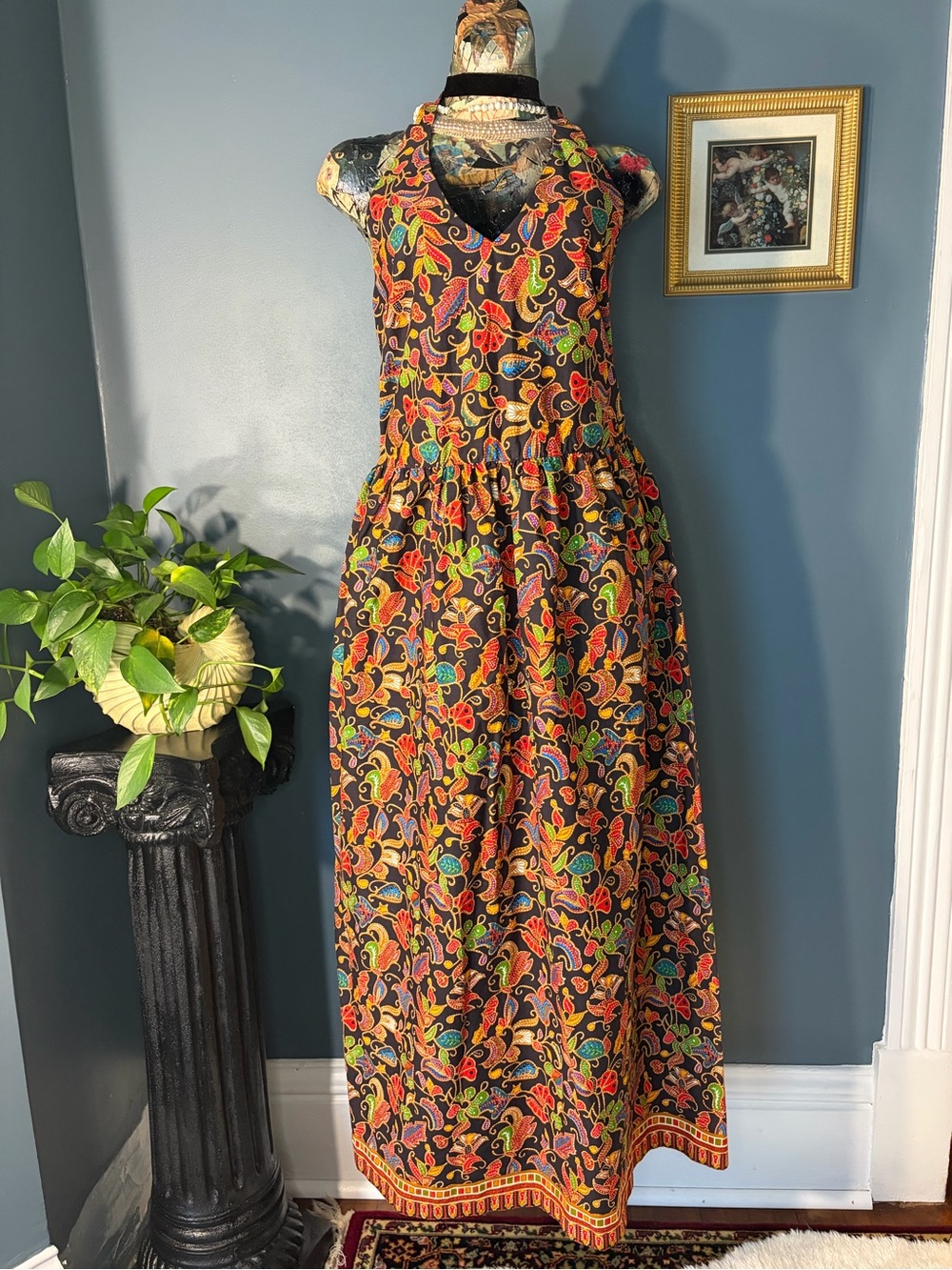 Vintage 70s style handmade colorful batik floral paisley print drop waist halter